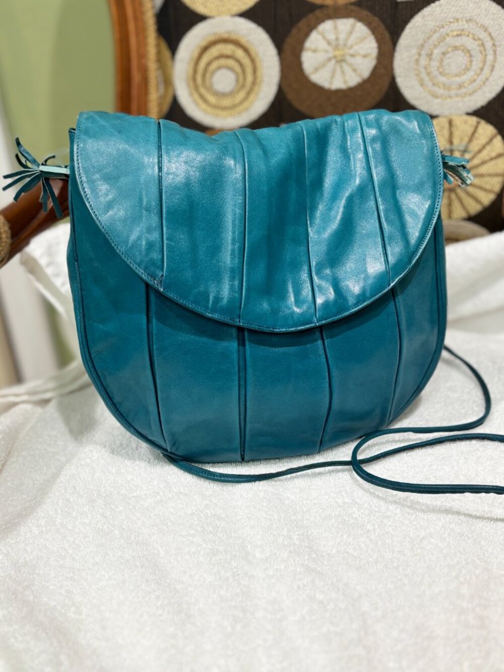 VTG 80s Eli Rossetti Italy Teal Supple Glove Leather Ruched Panel Crossbody Bag